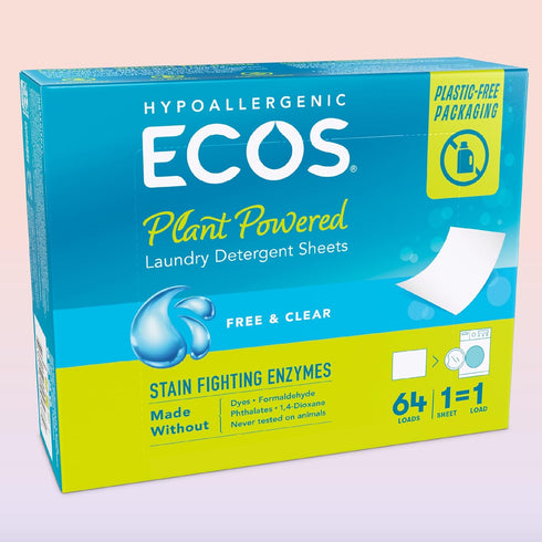 ECOS Laundry Detergent Sheets Vegan, No Plastic Jug, No Mess & Liquid Free - Laundry Sheets in Washer - Hypoallergenic, Plant Powered Laundry Detergent Sheets - Free and Clear - 64 Sheets (Pack of 1)