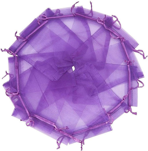 Wudygirl 100pcs Sheer Organza Bags 5‘’x7‘’ - Purple Drawstring Packages for Jewelry, Baby Shower & Party Favors