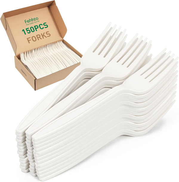 100% Compostable Forks, 7" Heavy Duty Cutlery, 150pcs BPI Certified Eco-Friendly Biodegradable Utensils, Ivory White
