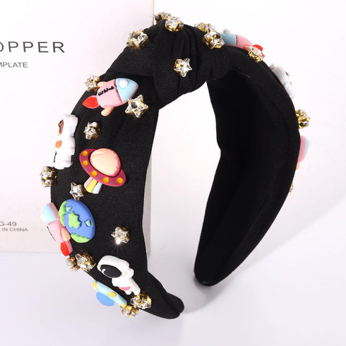 Space Astronaut Headbands for Women - Saturn Planet Rocket Spaceman Jeweled Rhinestone Star Knotted Hair Accessories