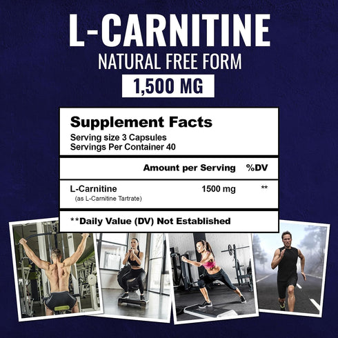 Premium L-Carnitine Tartrate Supplement, 1500mg for Energy, Lean Muscle Gain, 120 Non-GMO Capsules