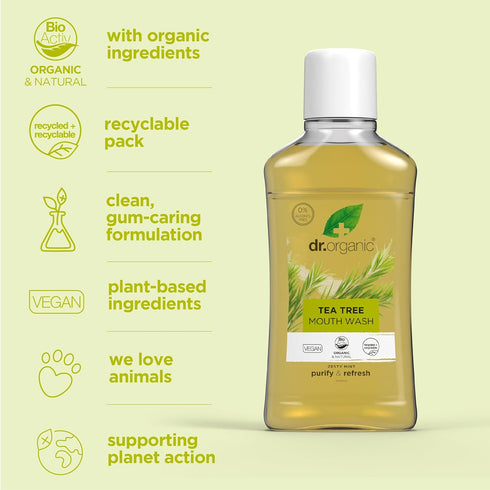 Dr. Organic Tea Tree Mouthwash, 500ml for Fresh Breath
