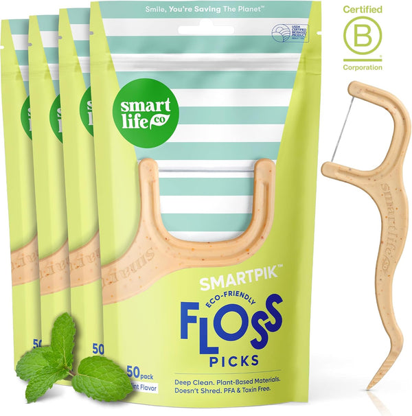 SmartLifeco Eco-Friendly Dental Floss Picks (200ct) - Original Straw Wheat Flossers, Vegan, Mint, Zero Waste