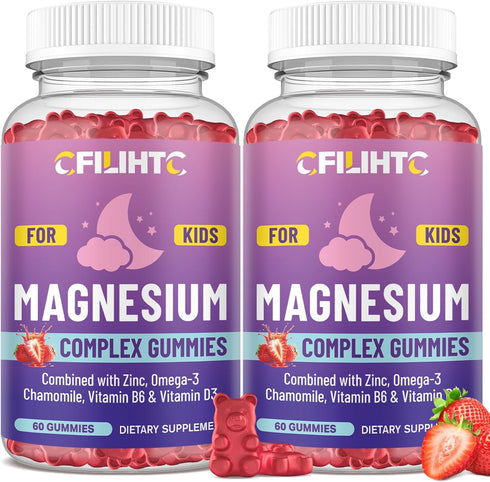 Kids Magnesium Gummies-Magnesium Glycinate Gummies for Kids Supplement-w/Zinc, Chamomile, Omega-3, Vitamin B6,