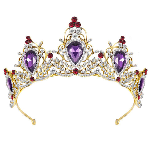 Luxury Purple Crystal Crown, Baroque Rhinestone Tiara and Bridal Crown Headband