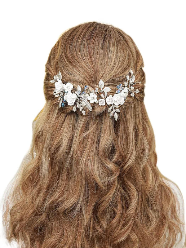 Unicra Flower Silver Bride Wedding Hair Vine - Pearl Bridal Hair Piece with Blue Rhinestone