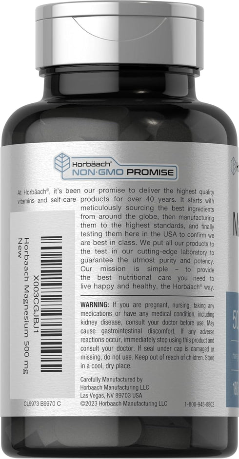 Horbaach Magnesium 500mg, 180 Caplets, Vegetarian, Non-GMO, Gluten Free Supplement