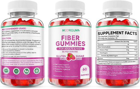Gummies 60 Count Fiber for Digestive Health & Regularity, Sugar-Free High Fiber Supplement for Adults & Kids, Soluble