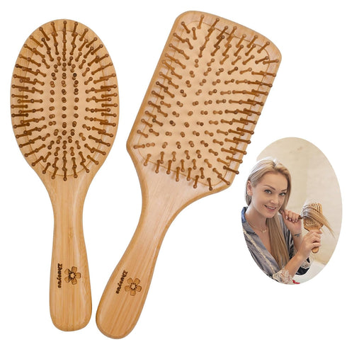 Zhuoyue Wooden Bamboo Hair Brush - Paddle Brush Set with Bamboo Bristle to Reduce Frizz & Massage Scalp (2 pcs)