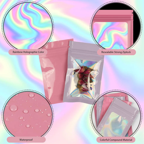 120 PCS Smell Proof Mylar Bags: Resealable Holographic Packaging Pouch with Clear Window for Food Storage (Black)
