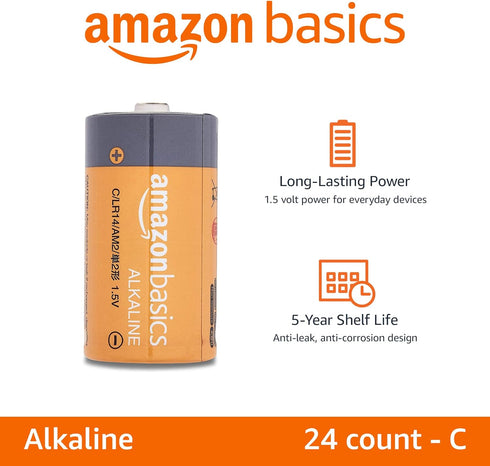 Amazon Basics 24-Pack C Cell Alkaline All-Purpose Batteries, 1.5 Volt, 5-Year Shelf Life
