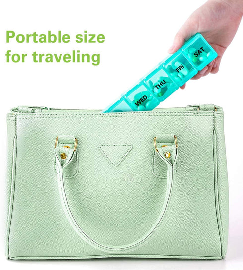 BUG HULL Weekly Pill Organizer - Large 2 Packs, Extra Large Travel Pill Organizers, 7 Day Pill Box (Blue+Green)