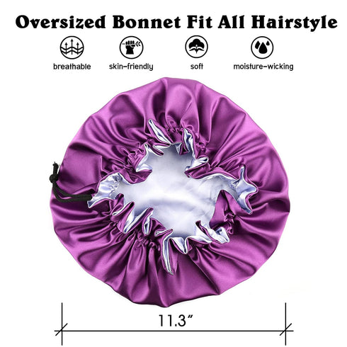 Satin Bonnet for Women, Large Adjustable Night Cap for Long Curly Hair, Double Layer Purple/Blue