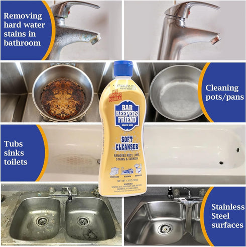 Bundle - Bar Keepers Friend 13oz Cleanser & Polish with Microfiber Towel & Scouring Pad for Kitchen, Bathroom