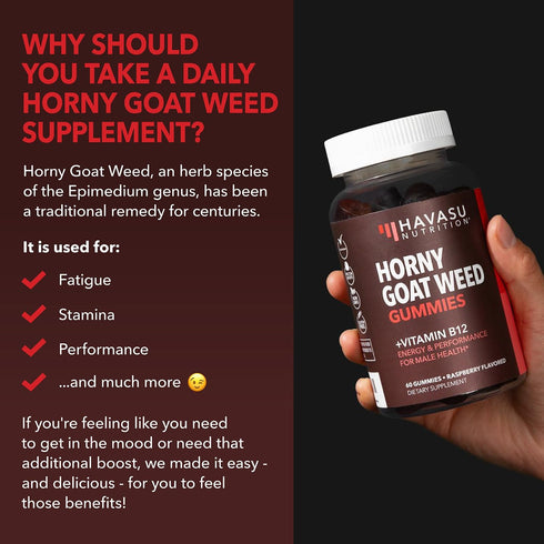 Horny Goat Weed Gummies with Vitamin B12, 60 Raspberry Vegan Gummies, Energy, Endurance & Performance Support