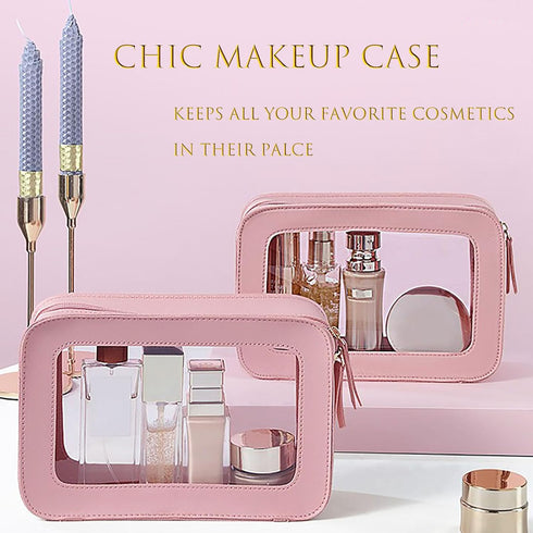 Portable Travel Cosmetic Case Organizer for Women, Clear and Waterproof Makeup Bag with Transparent Vinyl Windows &