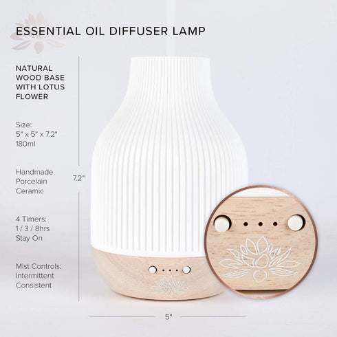 Settings Sacred Lotus Love Ceramic Essential Oil Diffuser Ultrasonic Aroma Diffuser with Wood Base, Ambient LED Light