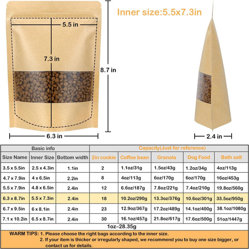 Blisstime 50 Pack Kraft Paper Stand Up Pouches with Matte Window, Resealable Bags for Small Business (6.3 x 8.7 Inches)