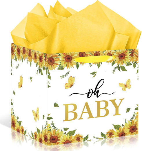 Woosytoo Extra Large Sunflower Baby Gift Bags, Yellow Sunflower Square Gift Bag with