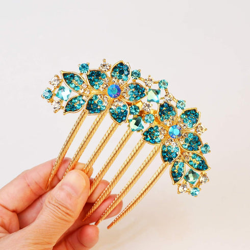 Women Rhinestone Inlaid Flower Hair Comb, Hairpin Barrette Accessory, Perfect Mother's Day Gift (Blue)