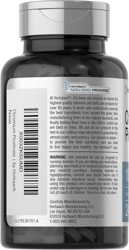 Chromium Picolinate 1000mcg | 240 Tablets | Non-GMO, Gluten Free Vegetarian Supplement