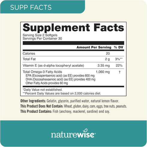 NatureWise Extra-Strength Omega 3 Fish Oil Supplement, 1000mg, 60 Softgels, 600 EPA & 400 DHA, Heart & Brain Health
