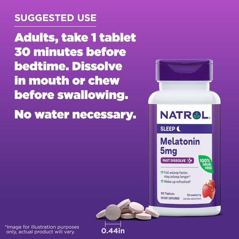 Natrol Sleep Melatonin 5mg Fast Dissolve Tablets | 90 Strawberry-Flavored Tablets, Nighttime Sleep Aid