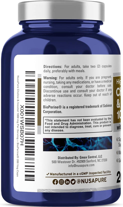 NusaPure Choline & Inositol 1000mg, 200 Veggie Caps (100% Vegetarian, Non-GMO)