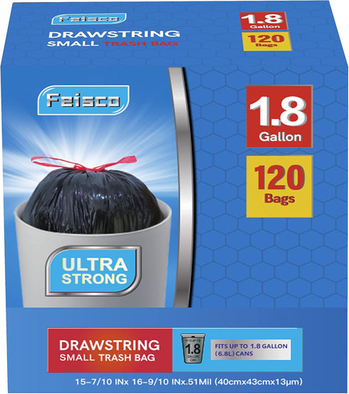 1.8 Gallon Black Trash Bag, Small Drawstring Garbage Can Liner, 120 Counts, 0.51 Mil