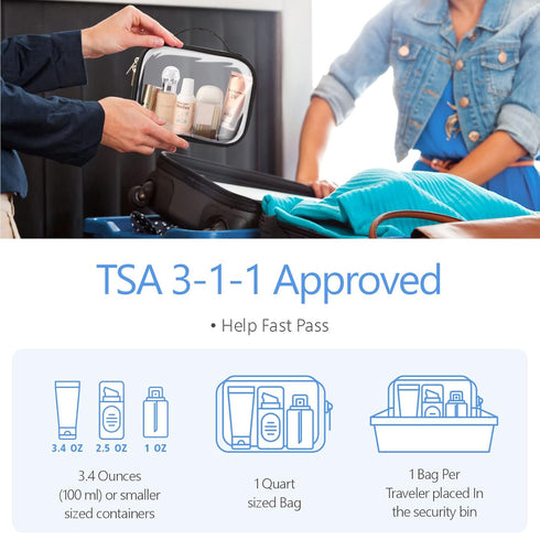 PACKISM 3 Pack TSA Approved Clear Toiletry Bag, Large Opening Makeup Bags, Quart-sized Travel Essentials, Black