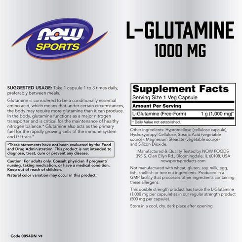 NOW Foods L-Glutamine 1,000 Milligram, 120 Capsules