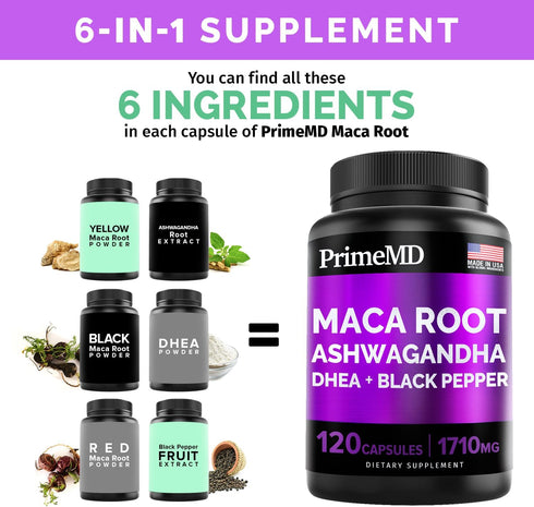 6-in-1 Organic Maca Root & Ashwagandha Capsules 1710mg, 120 Capsules, DHEA & Black Pepper Extract, Mood & Stamina