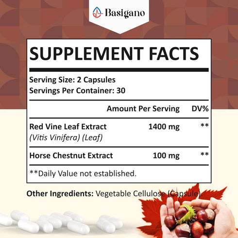 Red Vine Leaf & Horse Chestnut Extract Capsule Supplements (Vitis Vinifera) 1500mg -Premium Extract for Healthy Veins, Circulation, Heart, Skin
