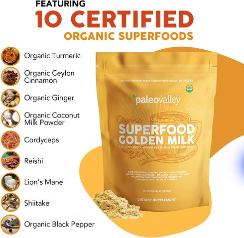 Immune, 30 Paleovalley Organic Superfood Golden Milk - Focus, Cognitive, Longevity - Turmeric, MCT-Rich Coconut Milk