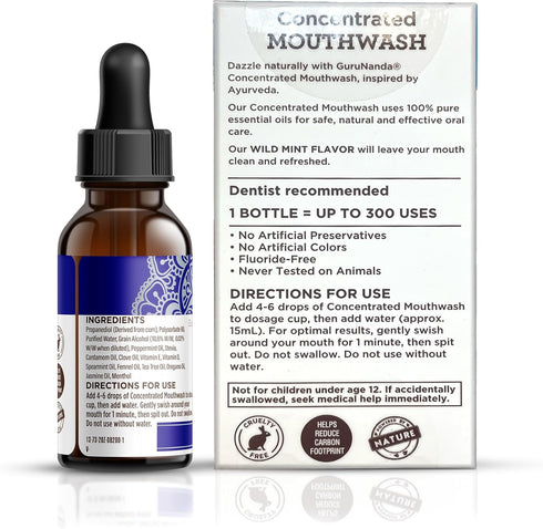 GuruNanda Concentrated Mouthwash (2 fl oz), Fluoride-Free Mint Mouthwash with Natural Essential Oils, Supports 300