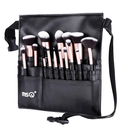 MSQ 23 Pockets Professional Makeup Brush Bag, Adjustable PU Leather Organizer with Artist Belt Strap