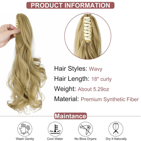 Ponytail Extension Clip in Claw, 18" Curly Wavy Pony Tails Clip-on Hairpiece for Women, Ash Blonde