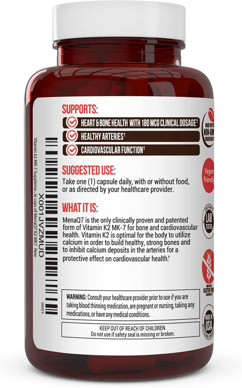 Vitamin K2 MK-7 Supplement 180mcg, Supports Bone & Heart Health, 60 Easy to Swallow Vegetable Caps