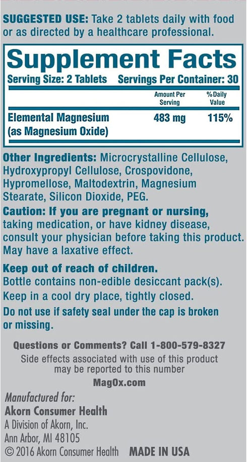 Mag-Ox 400 Magnesium Mineral Dietary Supplement Tablets, 483 mg, 60 Count
