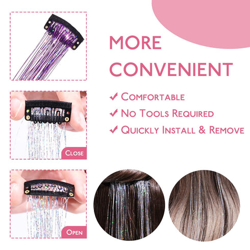 WENNALIFE Hair Tinsel Clip In, 6pcs 24 inch Colorful Glitter Tinsel Hair Extensions for Girls