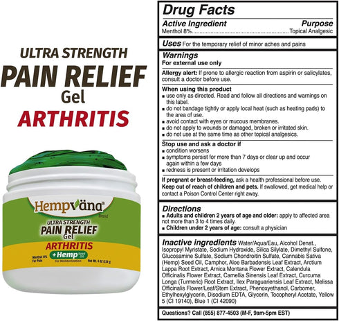 Hempvana Ultra-Strength Arthritis Pain Relief Gel, 4 Oz, Non-Greasy, Hemp Seed Oil, Fast-Acting, Long-Lasting Relief