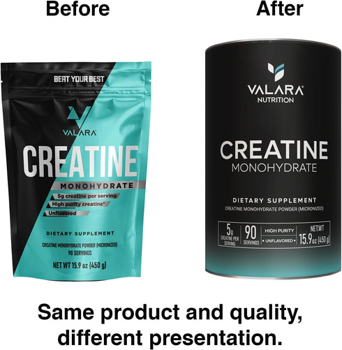 Valara Creatine Monohydrate Micronized Powder 450g, 90 Servings, 5000mg Per Serv, Unflavored, Vegan