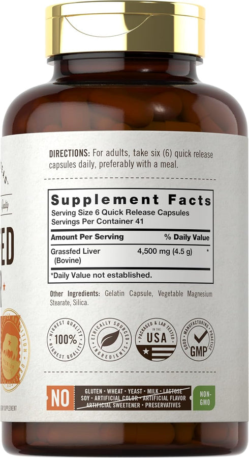 Carlyle Grass Fed Beef Liver | 4500mg | 250 Capsules | Desiccated Supplement | Non-GMO, Gluten Free | by Herbage Farmstead