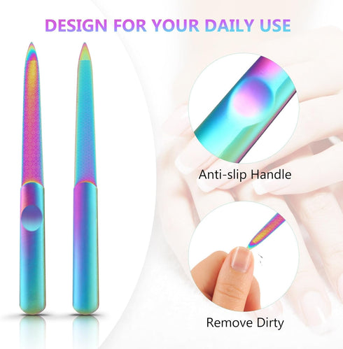 TEHAUX 2pcs Metal Nail Files, Stainless Steel Fingernail Files for Natural Nails with Storage Case (Rainbow Color)