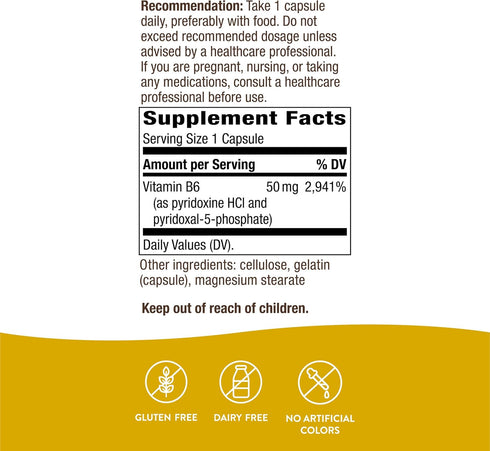 Nature's Way Vitamin B-6 Supplement, 50mg per Serving, 100 Capsules for Cellular Energy Support