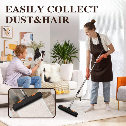 Pet Rubber Broom with 49inch Long Handle - Portable Detailing Lint Remover for Fluff Carpet, Hardwood, Tile