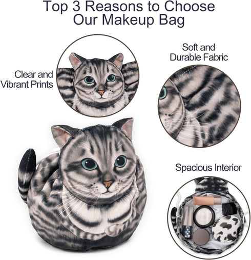 Drawstring Makeup Bag - Cute Cat Travel Organizer for Women, Large Cosmetic Pouch for Toiletries (Gray Cat)