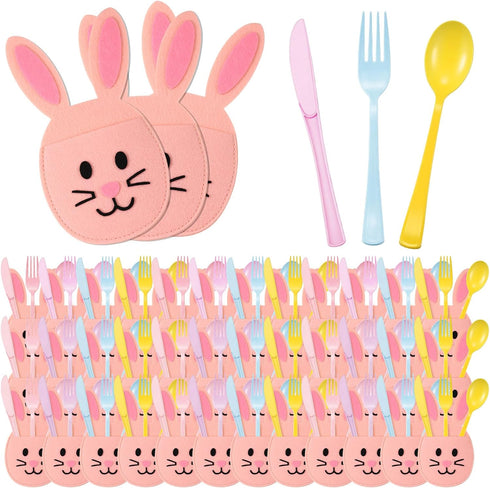 Teecyhooo 160 Pcs Pastel Plastic Silverware Rabbit Party Supplies Plastic Disposable Dinnerware with