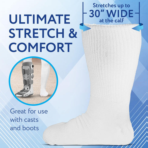 IMPRESA 2-Pair Extra Wide Unisex White Socks for Lymphedema & Bariatric Use, Oversized Calf Socks for Men & Women