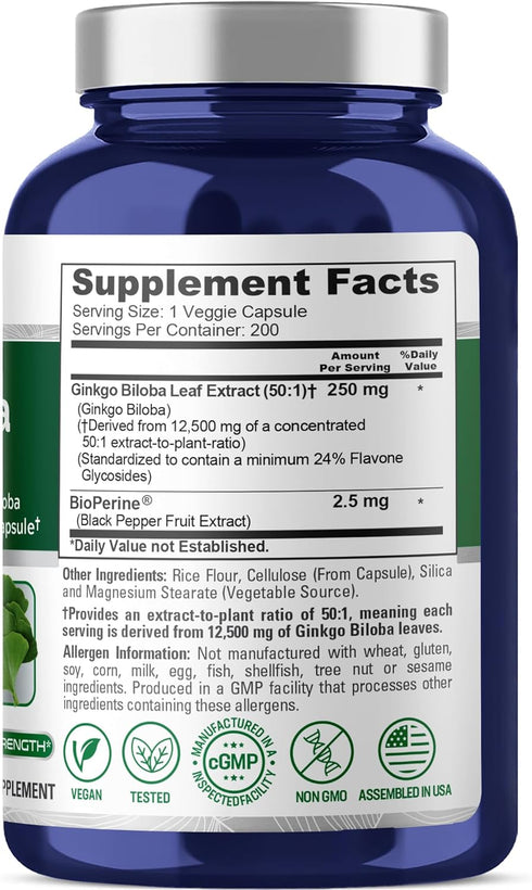 NusaPure Ginkgo Biloba 50:1 Extract - 250 mg Equivalent to 12,500 mg per Veggie Caps, 200 Capsules (Vegetarian,